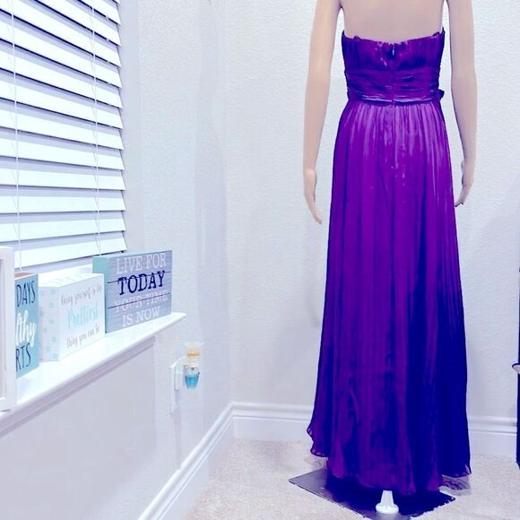 Bcbgmaxazria silk strapless pleated purple maxi dress with selftie at waist. - Picture 2 of 7